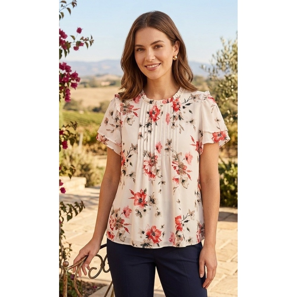 Rose + Olive Floral Ruffle Neck Blouse Size 2X Flutter Sleeve‎ Boho Cottagecore